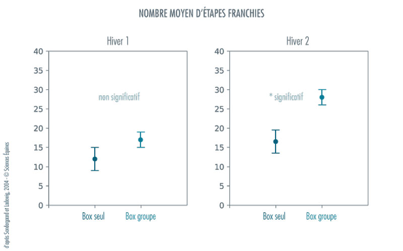 Figure 3 - Nombre moyen d’étapes franchies par hiver en fonction du type d’hébergement. Les points représentent les valeurs moyennes. Les barres verticales représentent l’incertitude sur la moyenne du nombre d’étapes franchies. Ces barres tiennent compte du fait que chaque cheval a franchi un nombre d’étapes différent dans un même groupe. Lors du premier hiver, la différence du nombre d’étapes franchies n’est pas significative. Il y a plus de 5% de risque que la différence entre les moyennes soit juste due au hasard. Lors du second hiver, cette différence est significative. Cela veut dire qu’il y a moins de 5% de risque que la différence entre les deux moyennes soit due au hasard.