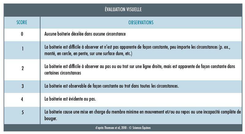 Tableau 1 - Évaluation visuelle. La locomotion des juments est notée de 0 (aucune boiterie décelée) à 5 (la boiterie cause une mise en charge minime du membre en mouvement et/ou au repos ou une incapacité complète de bouger. 