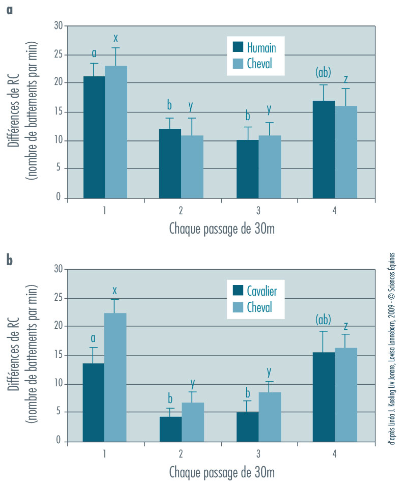 Figure 2 - Illustration des résultats. Diagramme a : Différence moyenne du rythme cardiaque (RC) entre le départ et l’arrêt (moyenne+- SE) pour les humains qui mènent en main et les chevaux Diagramme b : Différence moyenne du rythme cardiaque (RC) entre le départ et l’arrêt (moyenne+- SE) pour les cavaliers et leurs chevaux. Pour les humains, a ou b, et pour les chevaux, x, y ou z indiquent des différences significatives supérieures à P