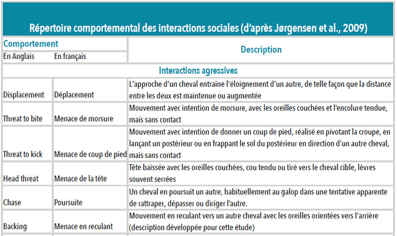 Tableau 1 : Répertoire comportemental des interactions sociales (d'après Jõrgensen et al, 2009)