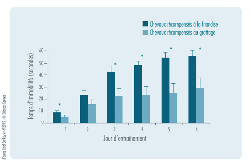 Figure 2 : Durée maximale d’immobilité entre les chevaux récompensés par la nourriture et ceux récompensés par le grattage au fil des 6 jours. 