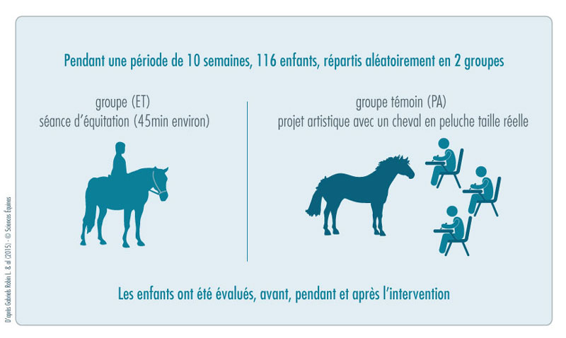 Figure 1 - Illustration du protocole : Pendant une période de 10 semaines, 116 enfants sont répartis aléatoirement en 2 groupes : le groupe ET pour équithérapie et le groupe témoin PA pour projet artistique avec un cheval en peluche à taille réelle. 