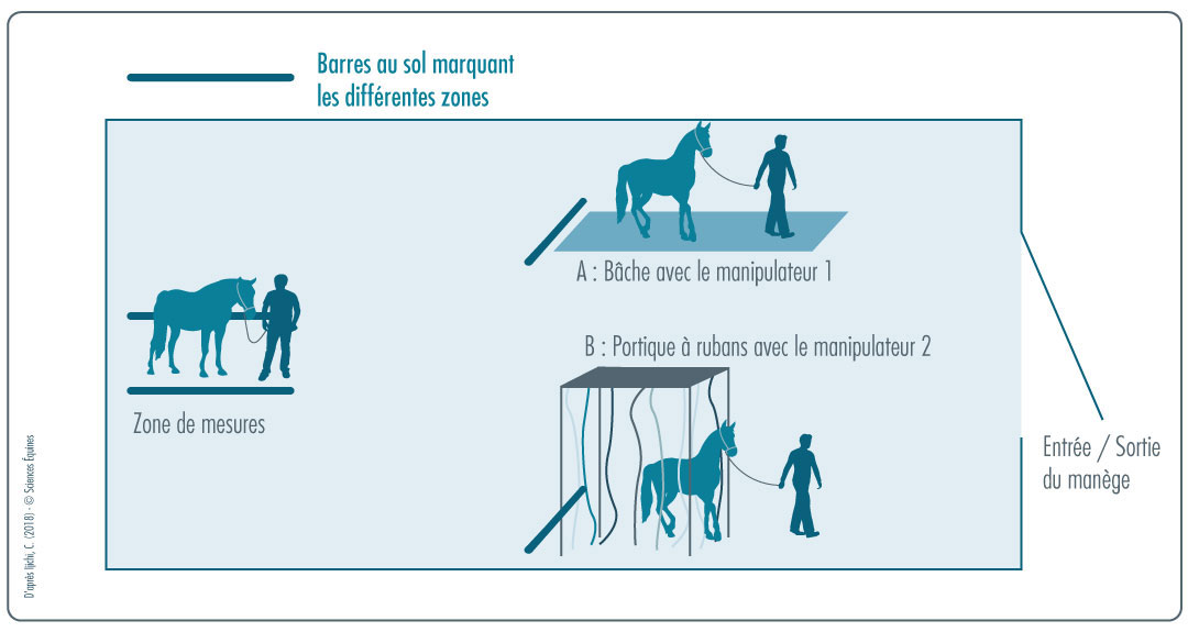 Figure 1 : Illustration des différents dispositifs : a) une bache avec le manipulateur 1, b) un portique à rubans avec le manipulateur 2, 3 une zone de mesures.