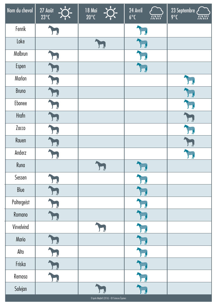 Tableau 1 : Résultats des tests de libre choix effectués par les chevaux et des conditions météorologiques lors du test. Chaque ligne représente un cheval testé et le pictogramme correspond au choix effectué par le cheval : porter ou ne pas porter de couverture. La majorité des chevaux ont choisi de rester sans couverture les deux jours ensoleillés et doux, (18 sur 22) et d'ajouter une couvertire lorsqu'il  a plu et qu'il a fait plus froid. (15 sur 22 en avril, 20 en septembre)