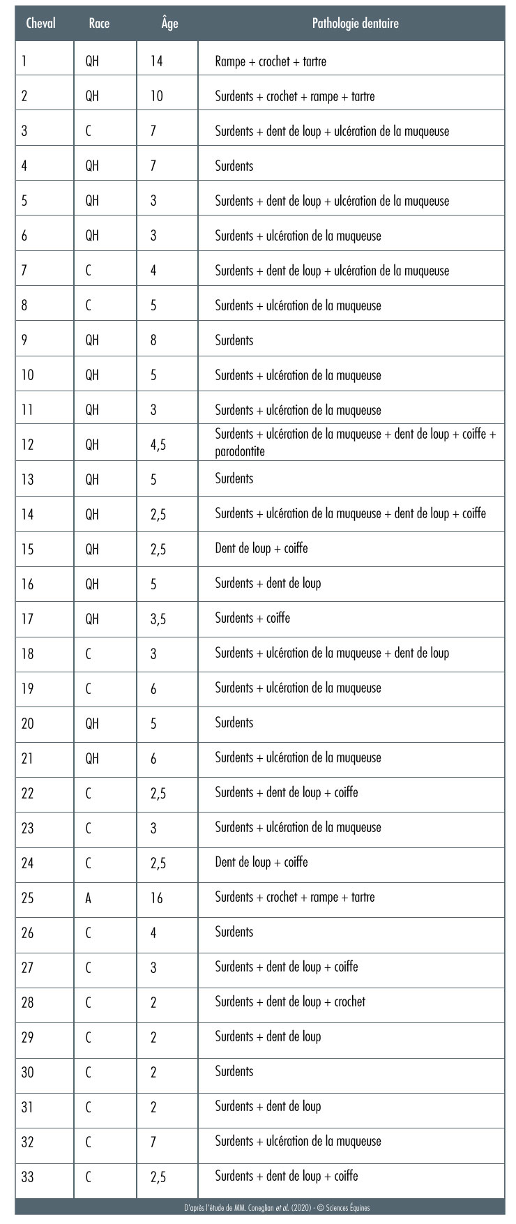 Le tableau détaille les pathologies dentaires par cheval . Sur 33 chevaux, 30 souffrent de surdents. Seulement six chevaux ne souffre que d'une seule pathologie (surdents), les 27 autres souffrent de deux, trois, quatre, voire cinq pathologies en même temps : en plus des surdents, il y a  des problèmes de tartre, crochets, ulcération de la muqueuse, dent de loup, rampe, coiffe et parodontite.