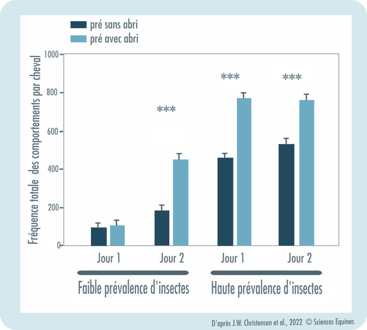Figure 1 : Fréquence totale des comportements par cheval sur 9 minutes de vidéo selon l'hébergement avec ou sans abri. L'échelle en ordonnées est graduée jusqu'à 1000. Sur le premier jour à faible prévalence d'insectes, la différence avec ou sans abri est infime : environ 100 comportements pour les deux. Le deuxième jour à faible prévalence d'insectes, la différence est significative : 200 comportements pour les chevaux avec abri contre quasiment 500 pour les chevaux sans abri. Sur les jours à haute prévalence d'insectes, la différence est également significative. Les chevaux avec abri sont à plus ou moins 500 comportements contre 800 comportements pour les chevaux sans abri.