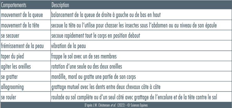Tableau 2 : Répertoire comportemental pour repousser les insectes, utilisé dans cette étude. mouvement de la queue = balancement de la queue de droite à gauche ou de bas en haut mouvement de la tête = secoue la tête ou l’utilise pour chasser les insectes sous l’abdomen ou au niveau de son épaule se secouer = secoue rapidement tout le corps en position debout frémissement de la peau = vibration de la peau taper du pied = frappe le sol avec un de ses membres agiter les oreilles = rotation d’une seule ou des deux oreilles se gratter = mordille, mord ou gratte une partie de son corps allogrooming = grattage mutuel avec les dents entre deux chevaux côte à côte se rouler = roulade au sol complète ou d’un seul côté avec grattage de l’encolure et de la tête contre le sol