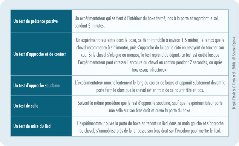 Tableau des noms des 5 tests comportementaux et de leur mise en œuvre: test de présence passive, test d'approche et de contact, test d'approche soudaine, test de selle, test de mise du licol.